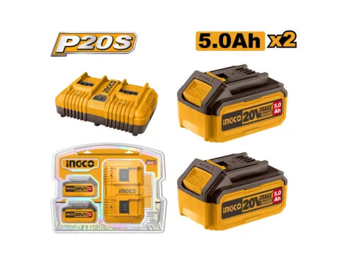 Set di 2 Batterie INGCO 20V 5.0Ah con Caricabatterie Rapido a Doppia Porta
