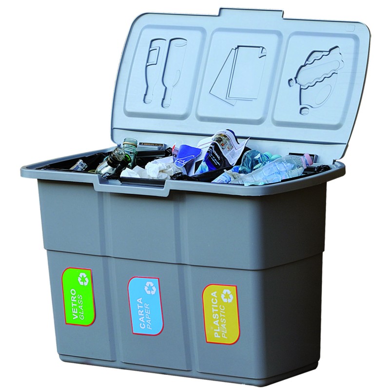 Contenitore per raccolta differenziata 3 scomparti (vetro, carta e plastica).
